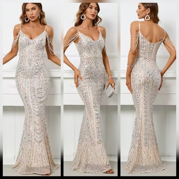 Stunning Cream and Silver Beaded Wedding Dress